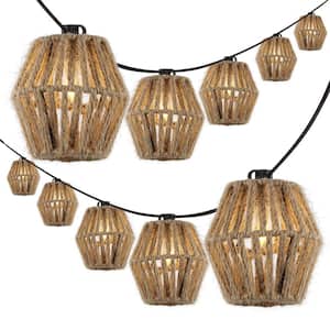 Samara 10-Light 10 ft. Indoor/Outdoor Plug-In Mid-Century Classic LED C7 Lantern Hemp Rope Shaded String-Light, Brown