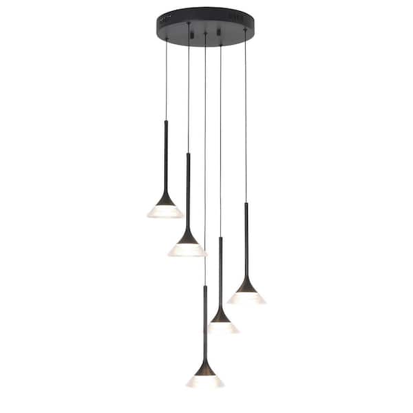 5 Lights Integrated LED Dimmable Black Chandelier for Dining Living Room,3000K Warm Light, 11.8 in. D 80 in. H