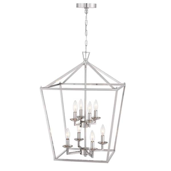 Alfa 19 in. 8-Light Brushed Nickel Finish Geometric Cage Pendant Light with Lantern