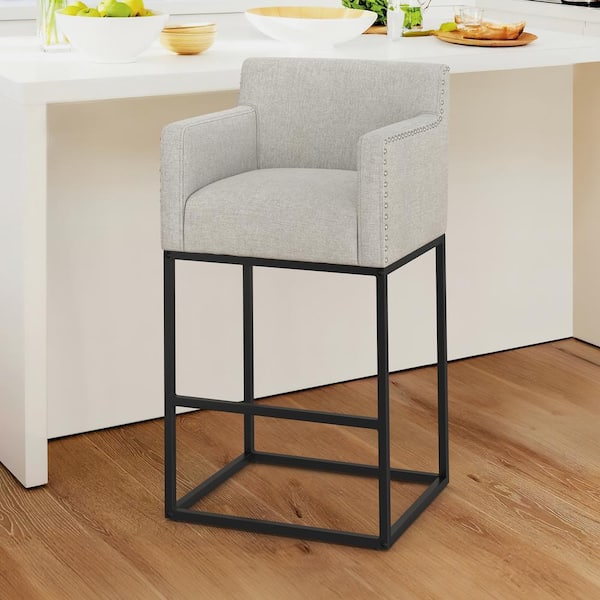 LUE BONA Hampton 30 in. Beige Gray Modern Linen Upholstered Bar Stool Square Metal Frame Counter Height Bar Stool