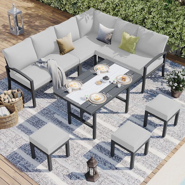 7-Piece Black Aluminum Outdoor Dining Set with Gray Cushions and 1-Dining Table