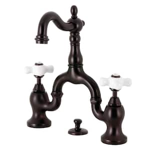English Country 2-Handle 8 in. Bridge Bathroom Faucets with Brass Pop-Up in Oil Rubbed Bronze