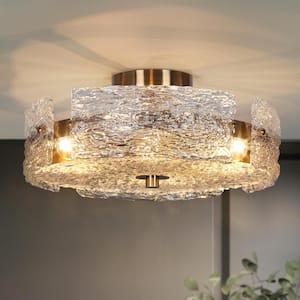 Modern Drum Ceiling Light 4-Light Plating Brass Round Semi-Flush Mount Light with Textured Glass Plates