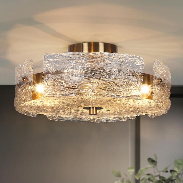 Uolfin Modern Drum Ceiling Light 4-Light Plating Brass Round Semi-Flush Mount Light with Textured Glass Plates