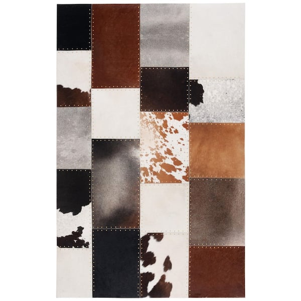 Studio Leather 5 ft. x 8 ft. Brown/Ivory Square Cow Area Rug