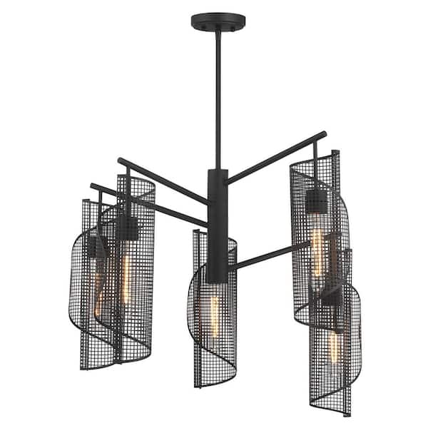 Hillbourne 5-Light Matte Black Contemporary Industrial Linear Chandelier with Metal Ribbon Shades