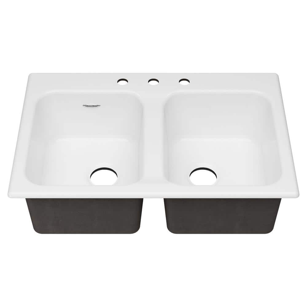 American Standard Quince 33-in x 22-in Double Bowl Cast Iron Kitchen Sink with 3 Holes in Brilliant White