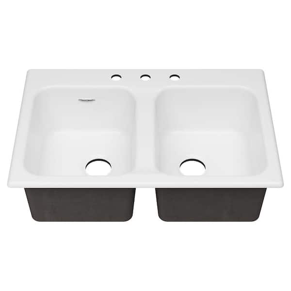 American Standard Quince Drop-In Cast Iron 33 in. 3-Hole Double Bowl Kitchen Sink in Brilliant White