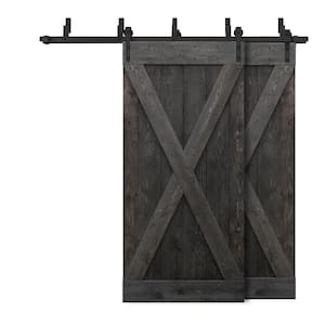 72 in. x 84 in. X Bar Bypass Charcoal Black Stained Solid Pine Wood Interior Double Sliding Barn Door with Hardware Kit
