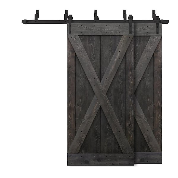 CALHOME 72 in. x 84 in. X Bar Bypass Charcoal Black Stained Solid Pine Wood Interior Double Sliding Barn Door with Hardware Kit