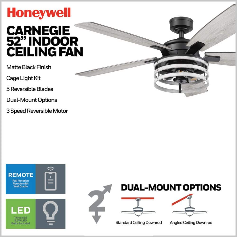 Carnegie 52" Matte Black Industrial Ceiling Fan with LED Lights and Remote