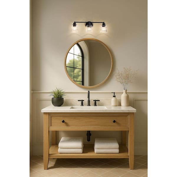 Grayson 24 in. 3-Light Matte Black Vanity Light with Clear Ribbed Glass Shade