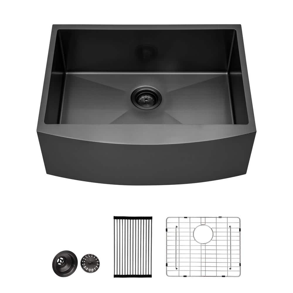 24 in. Drop-In Single Bowl Gunmetal Black Farmhouse Sink Stainless Steel Ro
