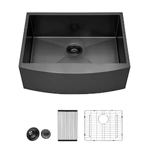 24 in. Drop-In Single Bowl Gunmetal Black Farmhouse Sink Stainless Steel Round Corner Kitchen Sink with Accessories