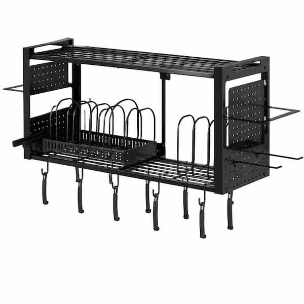 Matte Black Heavy Duty Ceiling Mount Hanging Pot Rack with Metal Mesh Shelf and 20 Hooks