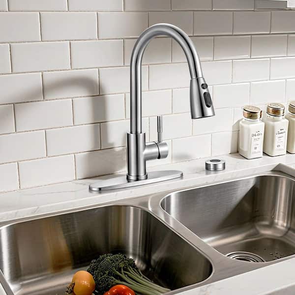 15.6 in. H Single Handle Pull Down Sprayer Kitchen Faucet Stainless Steel with Mobile Motion Sensor in Brushed Nickel