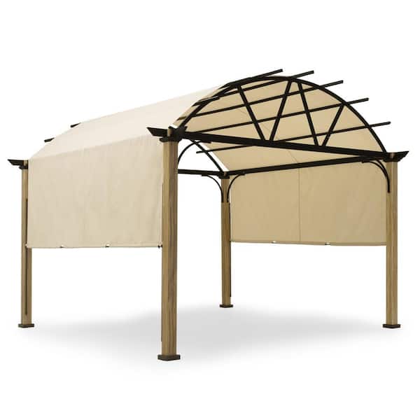 ChillPavilion 12 ft. x 12 ft. Aluminum Outdoor Pergola with Wood Grain Finish, Arched Canopy and Beige Retractable Shade