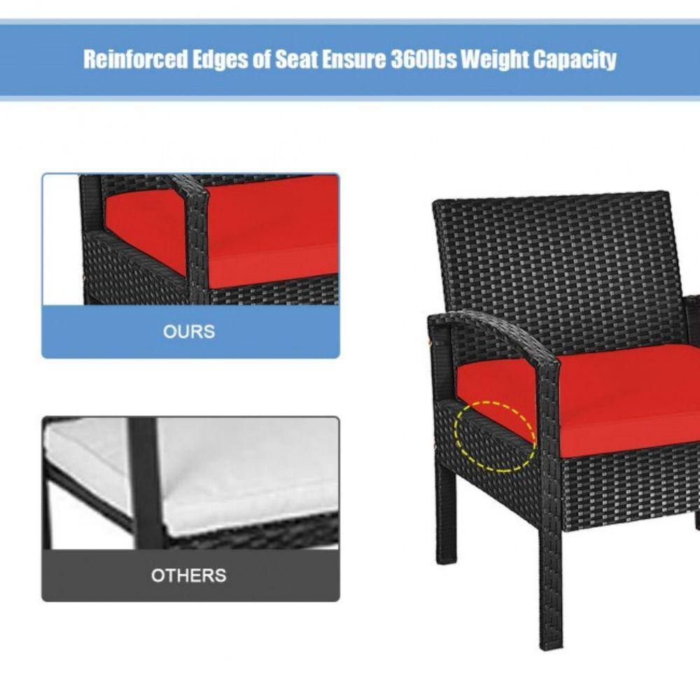 Red Cushioned Black Rattan 2-Person Patio Conversation Set