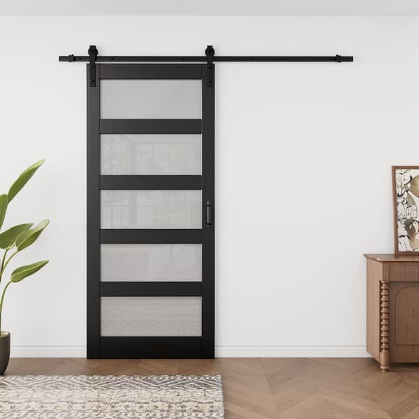 36 in. x 84 in. 5-Lite Tempered Frosted Glass Black Finished MDF Sliding Barn Door with Hardware Kit and Soft Close
