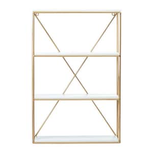 6.0 in. x 24.3 in. x 16.0 in. Wood and Iron Rectangle Wall Shelf in White and Gold