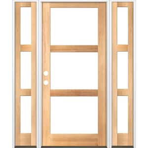 70 in. x 96 in. Modern Hemlock Right-Hand/Inswing 3-Lite Clear Glass Clear Stain Wood Prehung Front Door with Sidelites