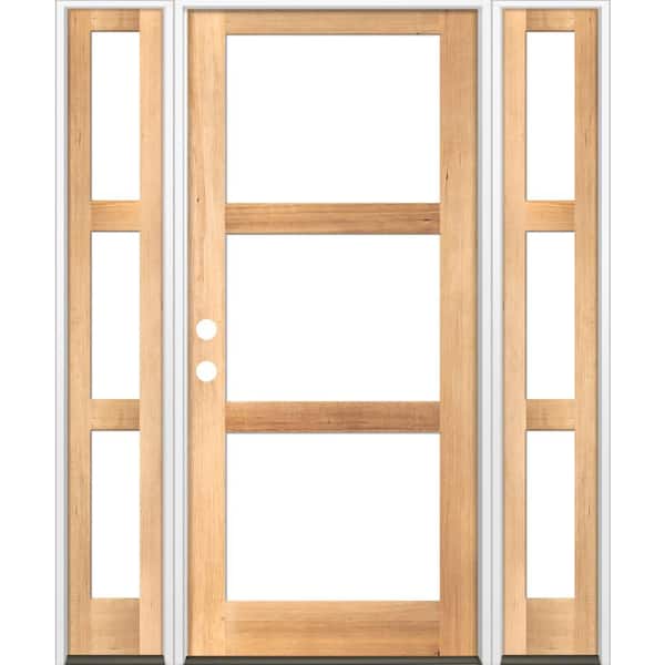 Krosswood Doors 70 in. x 96 in. Modern Hemlock Right-Hand/Inswing 3-Lite Clear Glass Clear Stain Wood Prehung Front Door with Sidelites