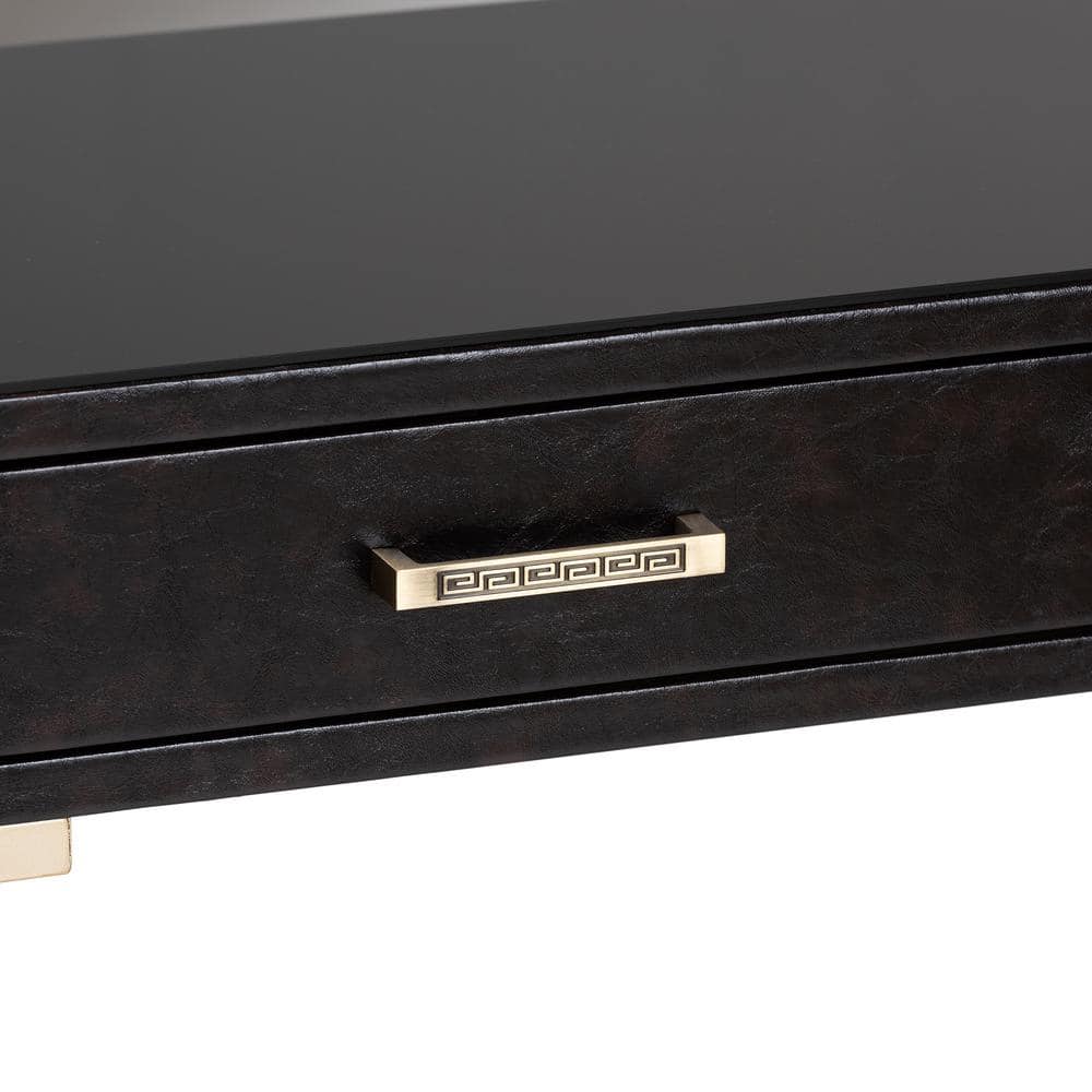 Carville Gold-Finished Metal & Dark Brown Faux Leather Console Table with Glass Top