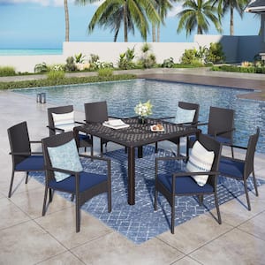 Black 9-Piece Metal Patio Outdoor Dining Set with Cast Aluminum Slat Square Table and Rattan Chair with Blue Cushion