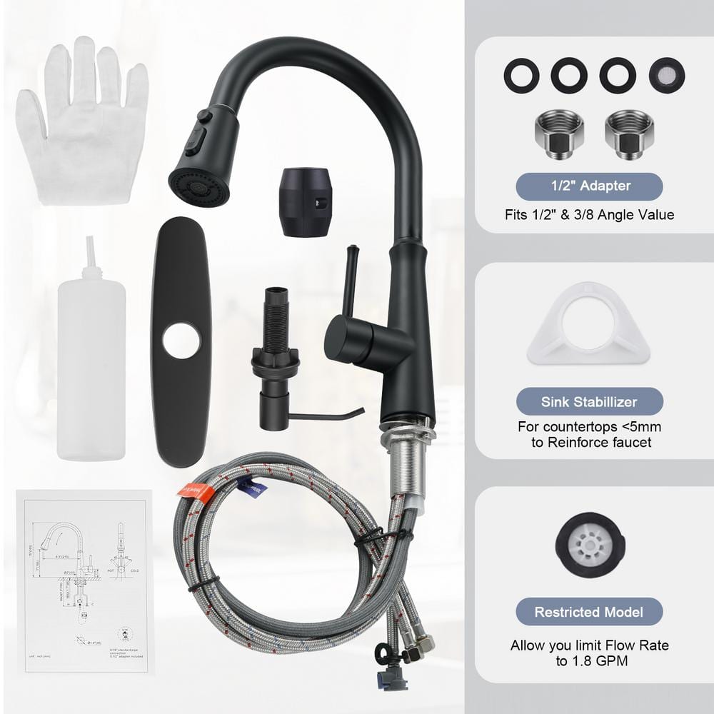 Matte Black Stainless Steel High-Arc Kitchen Faucet with Pull-out Spray