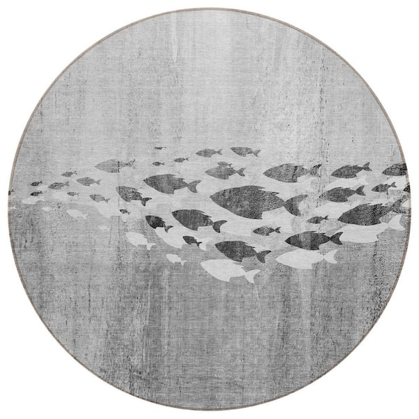 Gray, Silver, Charcoal 8 ft. Round Woven Geometric Polyester Round Indoor/Outdoor Area Rug