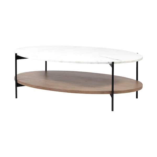 Larkin 48 in. White/Brown Large Oval Marble Coffee Table with Shelf