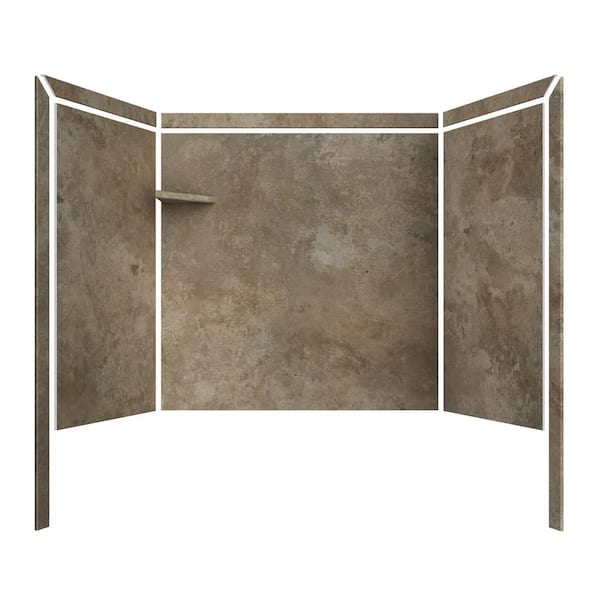Elite 32 in. x 60 in. x 60 in. 9-Piece Easy Three-Piece Glue Up Adhesive Tub Surround in Mocha Travertine