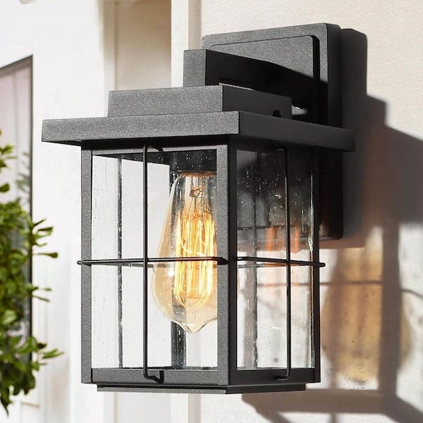 Farmhouse Outdoor Wall Light Modern Black Sconce 1-Light Exterior Porch Deck Wall Lantern with Clear Seeded Glass Shade