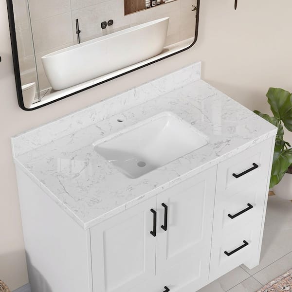 Kar 42 in. W x 22 in. D Engineered Stone Marble Rectangular Single Sink Bath Vanity Top with Backsplash in Carrara White
