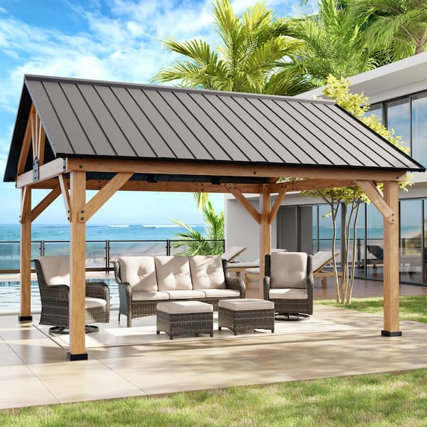 JOYSIDE 13 ft. x 11 ft. Cedar Wood Outdoor Patio Hardtop Gazebo with Ceiling Hook and Galvanized Steel Roof