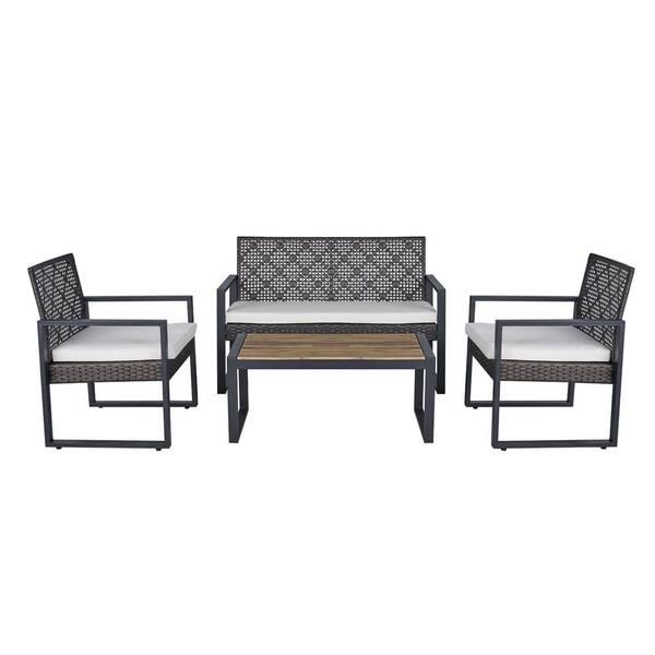 4-Piece Patio Furniture Wood Outdoor Backyard Sectional Set Acacia Wood Table Top with Cushions Brown and Beige