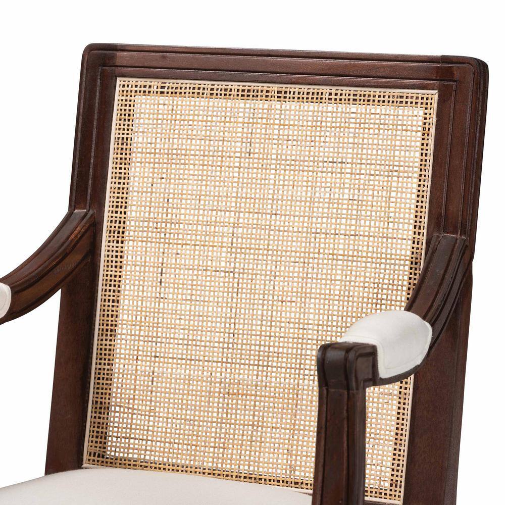 Traditional French Dark Brown Wood and Beige Fabric Accent Chair