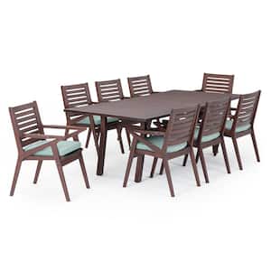 Vaughn Wood Outdoor 9-Piece Dining Set with Spa Blue Cushions