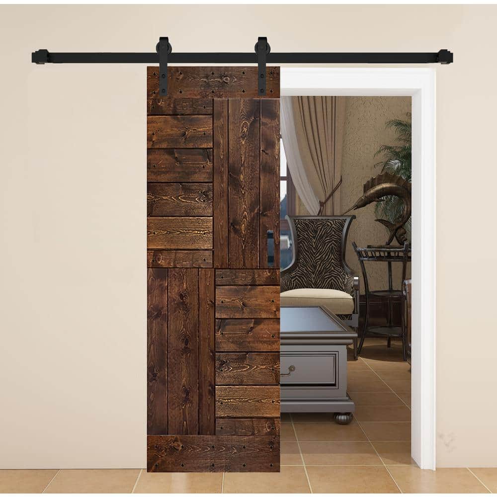 Dark Walnut Paneled Pine Wood Sliding Barn Door with Track Kit