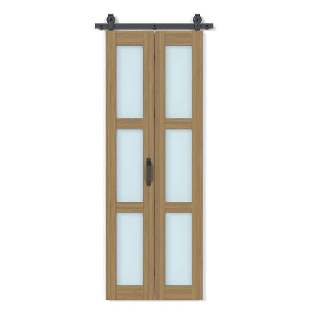 30 in. x 84 in. 3-Lite Tempered Frosted Glass Solid Core MDF Wood Brown Finished Bi-Fold Door with Hardware price history on PriceWatchPro