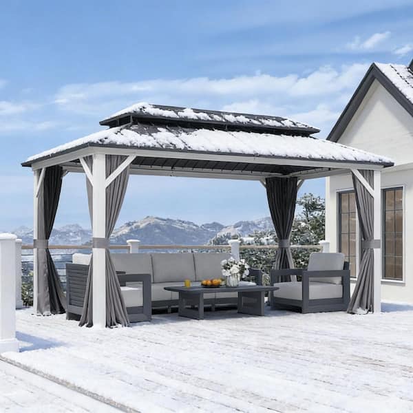 8 ft. x 14 ft. White Aluminum Hardtop Gazebo Canopy with Galvanized Steel Double Roof, Curtains and Netting