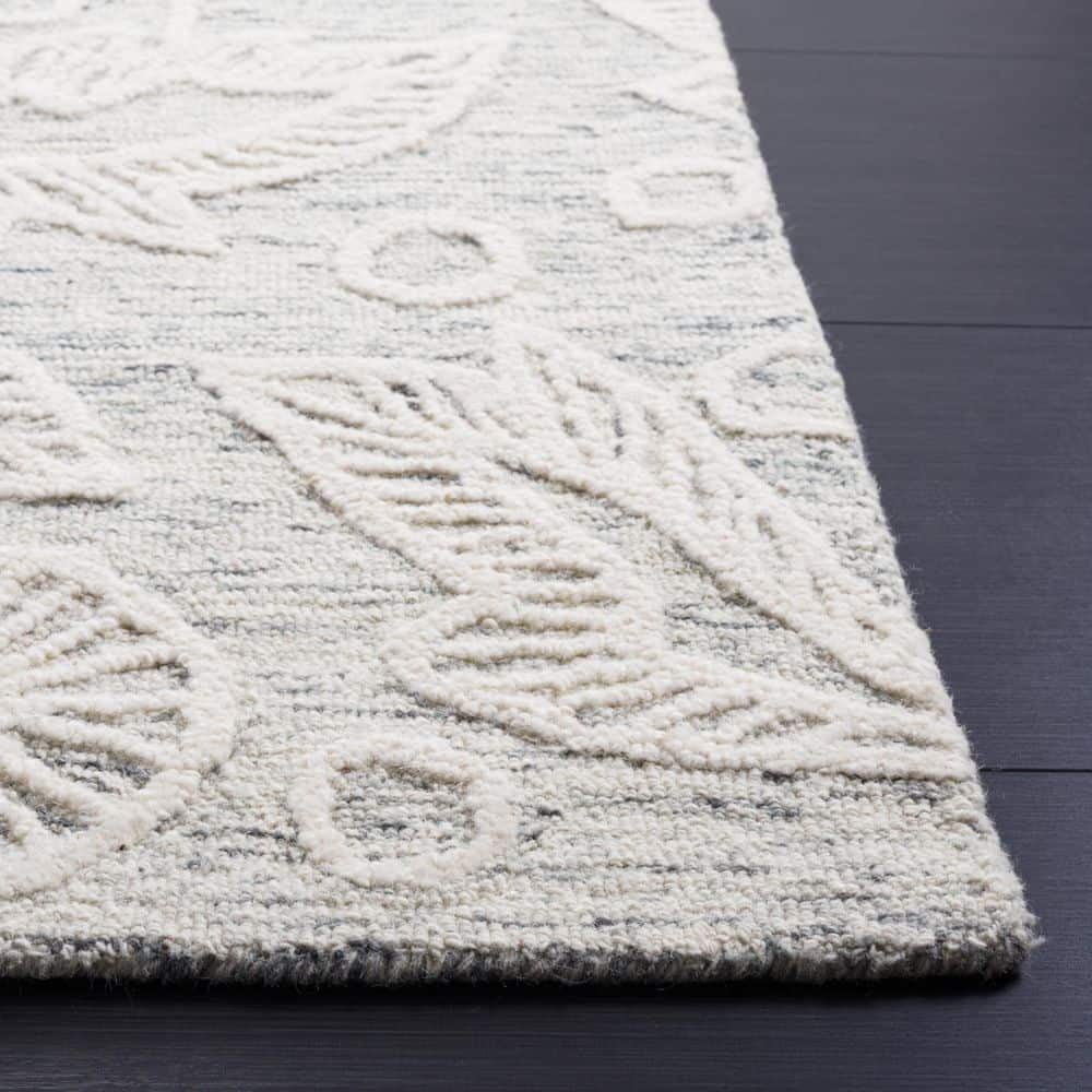 Grey and Ivory Floral Handmade Wool Area Rug 4' x 6'