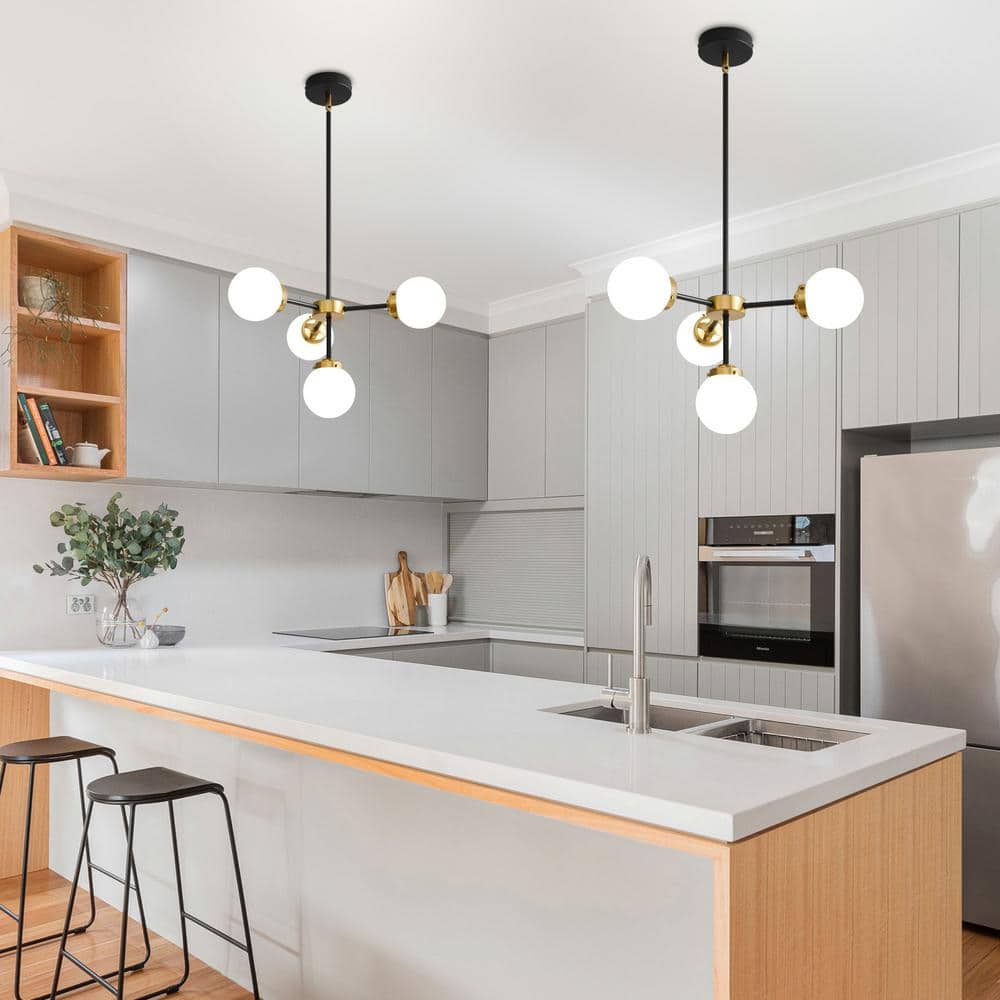 Black and Gold 4-Light Sputnik Chandelier with Milk Glass Shades