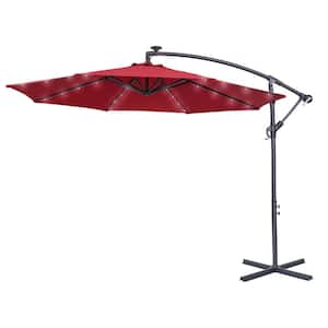 10 ft. Cantilever Solar LED Lights Round Patio Umbrella with Crank in Red