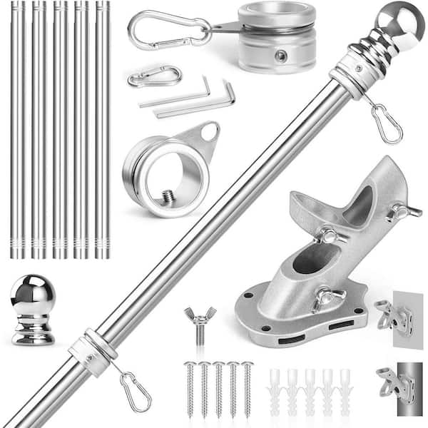 Justincity 6 FT Stainless Steel Adjustable Flag Pole Kit with 1 Inch Rotating Rings and Two-Position Holder for Outdoor Porch