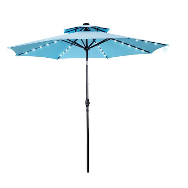 OVASTLKUY 10 ft. 2-Tier Market Outdoor Patio Umbrella with Solar LED Lighted in Blue