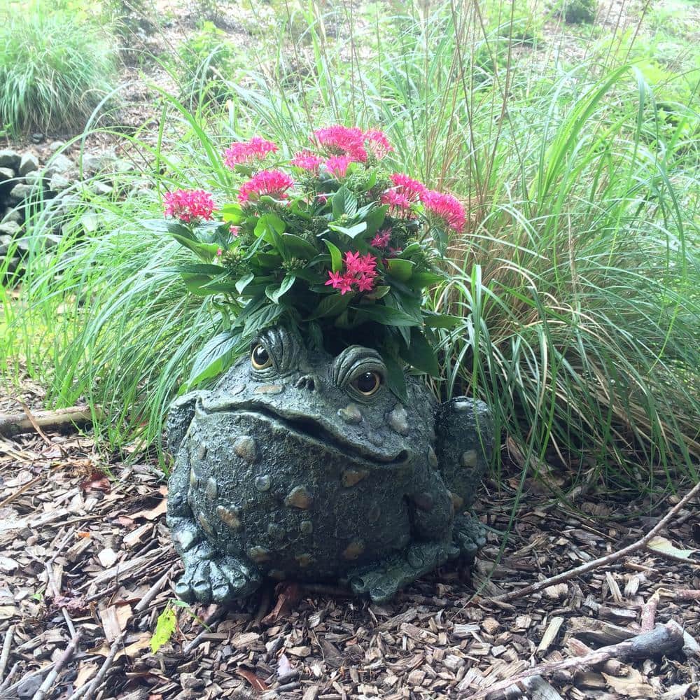 Green Fiberglass Novelty Frog Planter with Drainage Holes