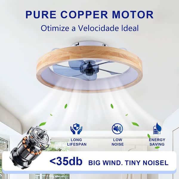 Jushua 20 in. White Wood DC Motor Flush Mount Ceiling Fan with LED
