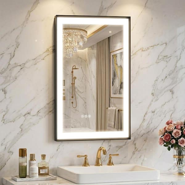 24 in.W x 36 in.H Rectangular Black Aluminum Framed Anti Fog LED Lighted Modern Wall Bathroom Vanity Mirror in Tempered