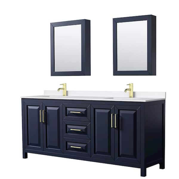 Wyndham Collection Daria 80 in. W x 22 in. D x 35.75 in. H Double Bath Vanity in Dark Blue with White Quartz Top and Mirrors